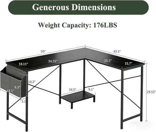 Vista 3 de Escritorio en forma de L, 50 pulgadas Mesa de esquina reversible para computadora, mesa de juegos con soporte para CPU y bolsa de almacenamiento