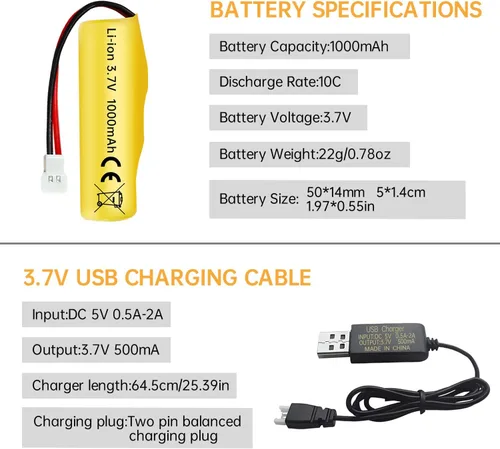 Vista 7 de sea jump 2 baterías de iones de litio de 3.7 V 1000 mAh con enchufe Molex y cable de carga USB, adecuado para vehículos de ingeniería a control