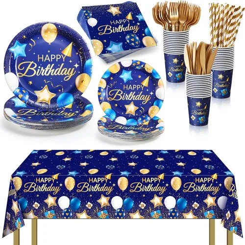 Norme 176 piezas Juego de vajilla para cumpleaños azul marino y dorado Incluye mantel, platos de papel, servilletas, vasos de papel, tenedores,
