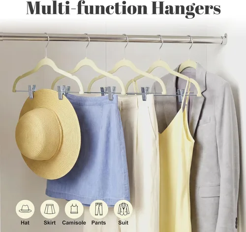 Vista 3 de HOUSE DAY - Perchas de terciopelo para faldas, paquete de 12, perchas beige para pantalones con clips ajustables, perchas delgadas que ahorran
