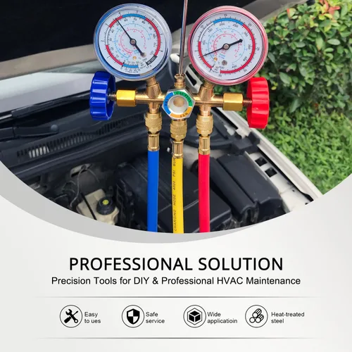 Vista 6 de YSTOOL Juego de carga de refrigerante de 3 vías de colector de CA para aire acondicionado HVAC R134a R404a Freón con manguera de 5 pies R134a
