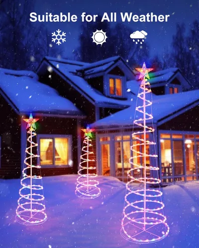 Vista 2 de Set de 3 Árboles de Navidad con Luces LED para Exteriores en Espiral, Luces de Navidad de 3/4/6 Pies con Decoración de Estrella de 7 Pulgadas, Kit