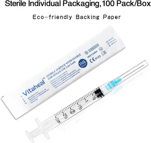 Vista 5 de Paquete de 100 jeringas de 0.1 fl oz con aguja, 23 Ga 1.0 pulgadas, jeringa Luer Lock, empaquetadas individualmente