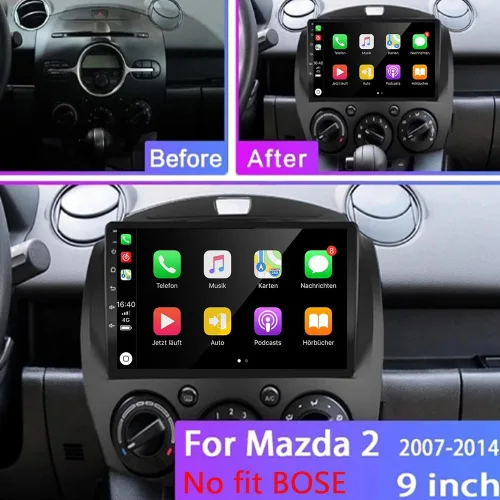 Vista 3 de para Android 13 Mazda 2 Radio 2007-2014 navegación GPS con receptor inalámbrico Carplay Android Auto 9 "IPS HD pantalla táctil Cámara invertida