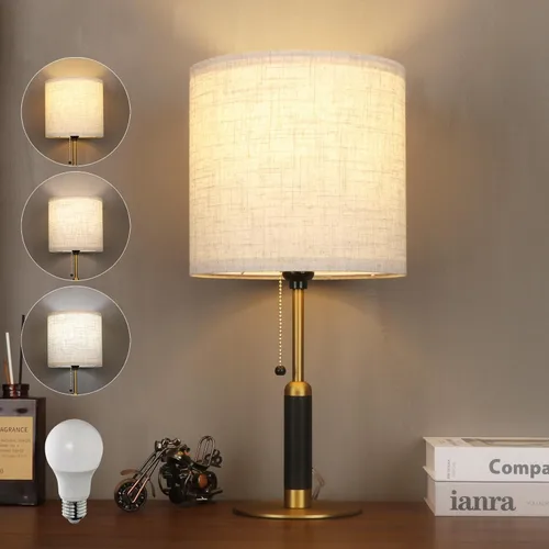 Vista 10 de 18.9" Modern Mid Century Table Lamp Pull Chain Bedside Lamps for Nightstand Lamp for Bedroom Living Room 3-Color Light Solid Wood/Metal/Fabric for
