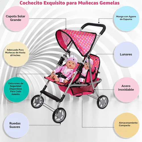 Vista 3 de Fash n kolor, Twin Doll Double Stroller Pink & Off-White Design Easy to Fold Double Stroller with Basket in The Bottom Rosa