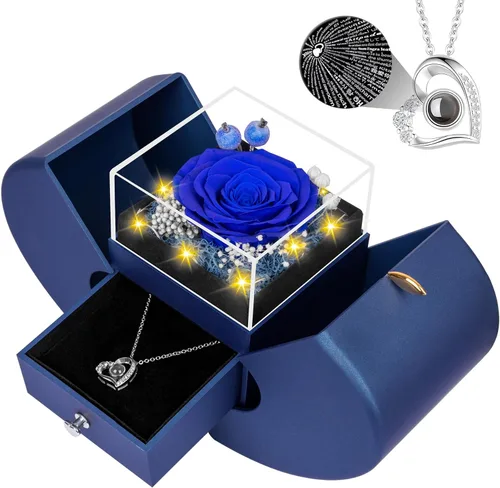 Lebana Rosa real azul preservada con collar "I Love You", flores eternas, regalos de cumpleaños para mujeres, su madre, esposa, novia, abuela,