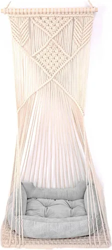 Vista 11 de Hamaca colgante de macramé para gatos, cama columpio para gatos, para ahorrar espacio, perca con algodón lavado para gatos, juguete con borlas