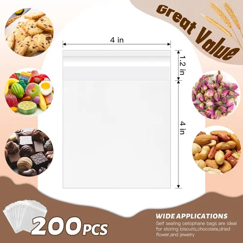 Vista 3 de YunKo Paquete de 200 bolsas de celofán autosellantes, bolsas transparentes para galletas para regalo, bolsa para embalaje de galletas, dulces