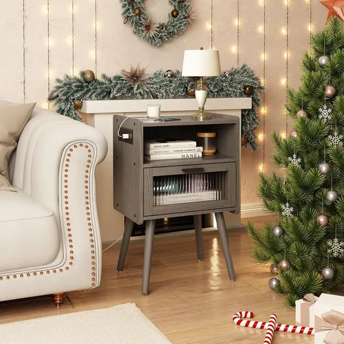 Vista 32 de Mesita de noche moderna de mediados de siglo con estación de carga, mesitas de noche con cajón de cristal, mesa auxiliar con espacio