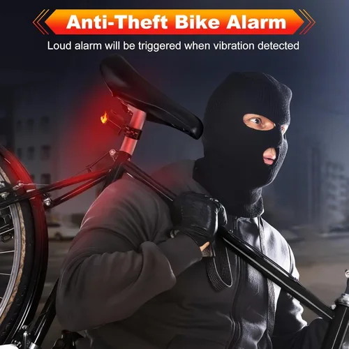 Vista 4 de Luz trasera inteligente para bicicleta con intermitentes y luz de freno, alarma recargable antirrobo con mando a distancia, bocina de bicicleta