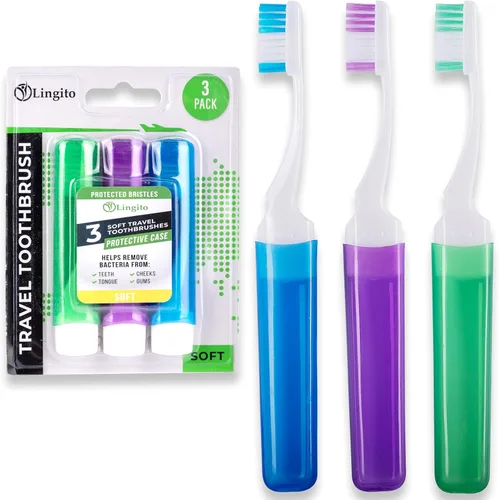 Vista 10 de Lingito Mini cepillo de dientes con tapa, tamaño de camping y viaje con funda, kit para adultos (paquete de 3)