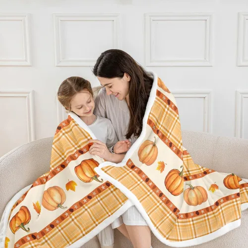 Vista 2 de Manfei Hello Fall Throw Blanket Pumpkin Maple Leaf Plaid Patchwork Fleece Blanket Autumn Theme Cozy Throws for Bed Couch Sofa,Kids Boys Girls Room