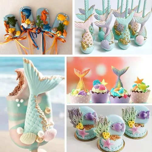 Vista 6 de Sakolla 4 piezas de moldes de silicona para fondant con tema marino, moldes de silicona en forma de cola de sirena, concha marina y estrella de mar