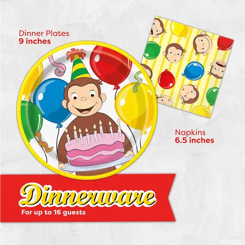 Vista 5 de Decoraciones de cumpleaños de Curious George Suministros de fiesta de Curious George Con licencia oficial Para 16 invitados Platos