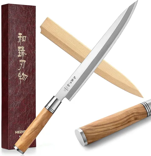 Vista 10 de HEZHEN Cuchillo Sashimi de 9.449 in,Cuchillo de sushi Yanagiba,Mango de madera de olivo con estuche de cuchillo de madera