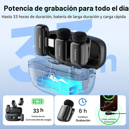 Vista 4 de Mini micrófono inalámbrico Lavalier para iPhone, iPad, Android, reducción de ruido y silencio, funda de carga de 33 horas, cambiador de voz AI, Mic