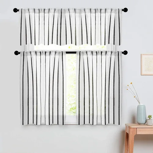 Vista 5 de MRTREES Cortinas de cocina semitransparentes a rayas, cortinas de lino con textura de lino para baño, sala de estar, casa rodante rústica