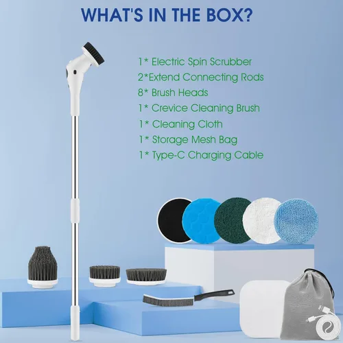 Vista 7 de Limpiador eléctrico giratorio, cepillo de limpieza inalámbrico con 7 cabezales de cepillo reemplazables, mango ajustable y desmontable y 3