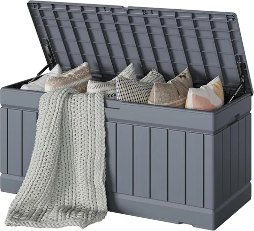 Vista 28 de Devoko - Caja de almacenamiento de 30 galones para terraza, resina impermeable, para exteriores y patio, banco con cerradura para herramientas