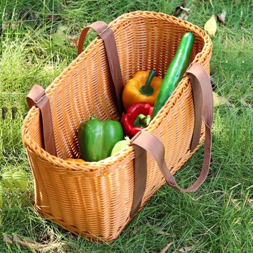 Vista 3 de Cestas de mimbre, cesta de picnic tejida de paja con tapa de asa, cestas para reuniones vacías, cestas de picnic para el hogar al aire libre cestas
