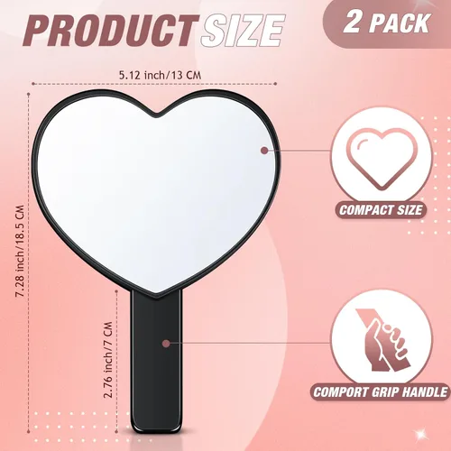 Vista 2 de Jetec 2 espejos cosméticos de mano en forma de corazón, mini espejos de maquillaje de viaje con asa, para el día de San Valentín, corazón pequeño