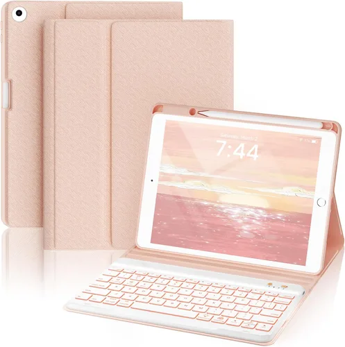 Vista 7 de OYEEICE Funda de teclado para iPad 6ª/5ª generación de 9.7 pulgadas, teclado inalámbrico desmontable retroiluminado de 7 colores, cubierta magnética