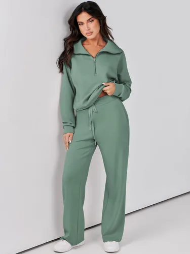 Vista 2 de Prinbara Conjunto deportivo de 2 piezas para mujer, para otoño, de gran tamaño, con media cremallera, sudadera de pierna ancha, conjunto de ropa
