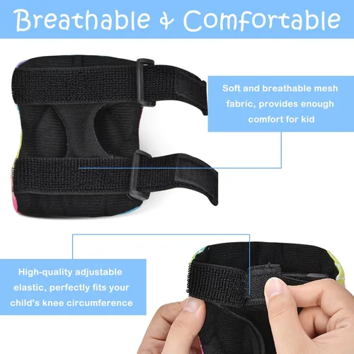 Vista 5 de Rodilleras para niños, juego de equipo de protección ajustable con bolsa de malla, rodilleras y coderas, protector de muñeca para niñas, patines