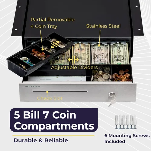 Vista 4 de Volcora Cajón de caja registradora de 13" para sistema de punto de venta (POS), Bandeja de efectivo de 4 billetes y 5 monedas, Cajones delanteros