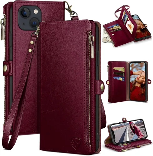 Vista 11 de XcaseBar Funda tipo cartera compatible con iPhone 13 de 6.1 pulgadas con cremallera y tarjetero de crédito con bloqueo RFID, funda de piel sintética