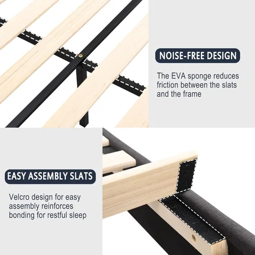 Vista 5 de Base de cama tamaño Queen con cabecero, base de cama tapizada con plataforma de lino con soporte de listones de madera, sin ruido, no necesita