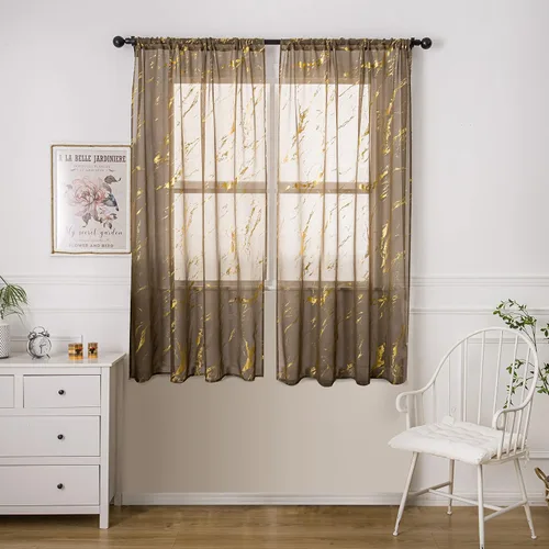 Vista 3 de Sutuo Home - Cortinas traslúcidas de mármol de 63 pulgadas de largo, juego de 2 paneles, con estampado de lámina de oro y bronceado metálico