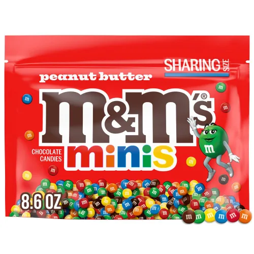 M&M'S MINIS - Caramelos coloridos de chocolate con leche y mantequilla de maní NFL Super Bowl, tamaño compartido, bolsa de dulces de 8.6 onzas