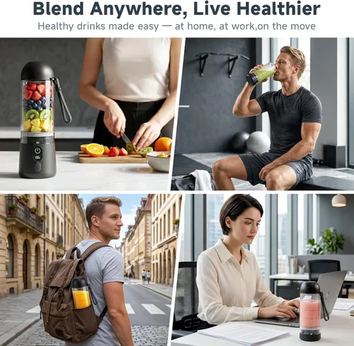 Vista 7 de Licuadora portátil, 8 cuchillas de tamaño personal para batidos, vaso exprimidor recargable USB C con pantalla LED, mini mezclador para viajes
