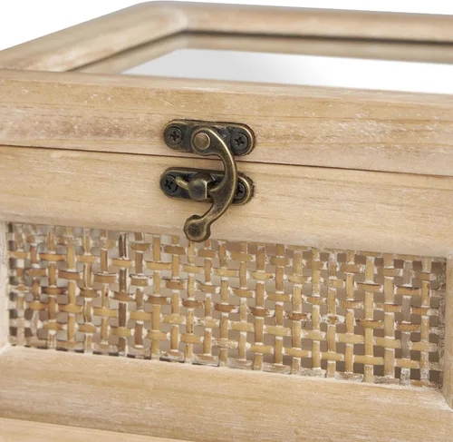Vista 4 de Deco 79 Caja decorativa de madera con parte superior de vidrio, cajas de recuerdo decorativas con paneles laterales de ratán y cierres de gancho