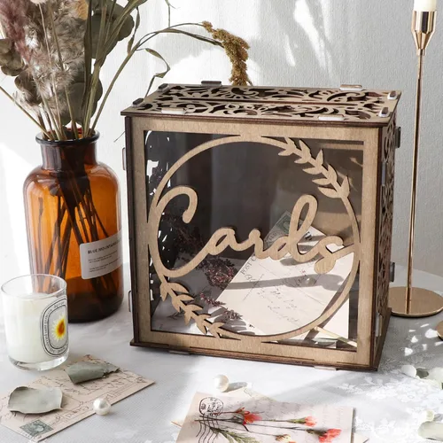 Vista 6 de Caja de madera para tarjetas de boda para recepción, soporte rústico para tarjetas de regalo con ranura y ventana acrílica, caja de tarjeta