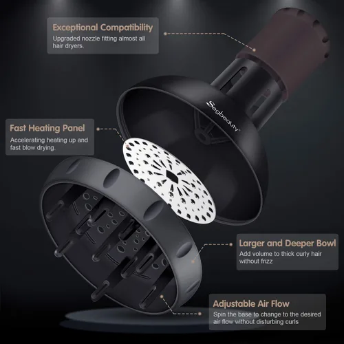 Vista 4 de Segbeauty Difusor de cabello para cabello rizado, flujo de aire ajustable mejorado, cuenco profundo, accesorio de difusor profesional de salón