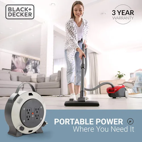 Vista 7 de BLACK+DECKER Carrete de Cable de Extensión Retráctil de 20 Pies con 4 Tomas, Extensión Multi-Enchufe, Botón de Reinicio del Disyuntor Térmico
