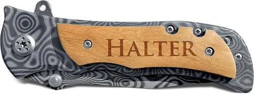 Vista 2 de Cuchillo de bolsillo grabado personalizado para hombres, cuchillo plegable personalizado con caja de madera para uso diario