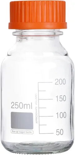 Vista 9 de Moonetto 20 botellas de vidrio redondas de almacenamiento de medios de laboratorio graduado de 3.4 fl oz con tapa naranja de polipropileno GL45