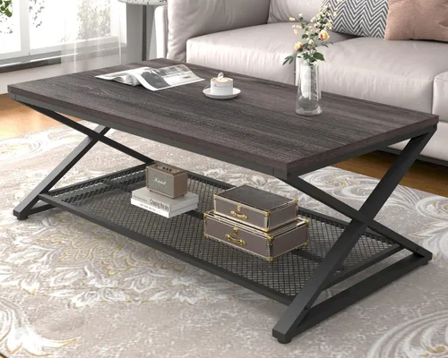Vista 15 de LVB Mesa de café negra, mesas centrales de 2 niveles de metal y madera con estante de almacenamiento, mesa de té moderna rectangular para el cóctel