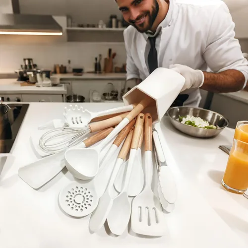 Vista 5 de Silicone Kitchen Utensils Set, 12 Pieces Kitchen Utensils Set, Anti-Stick Heat Resistant Wooden Handle Cooking Utensils with Dish Holder, Silicone