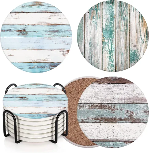 Vista 7 de Britimes Juego de 6 posavasos para bebidas, tablones de madera azul, mesa de pintura de madera azul, tapete redondo absorbente de piedra