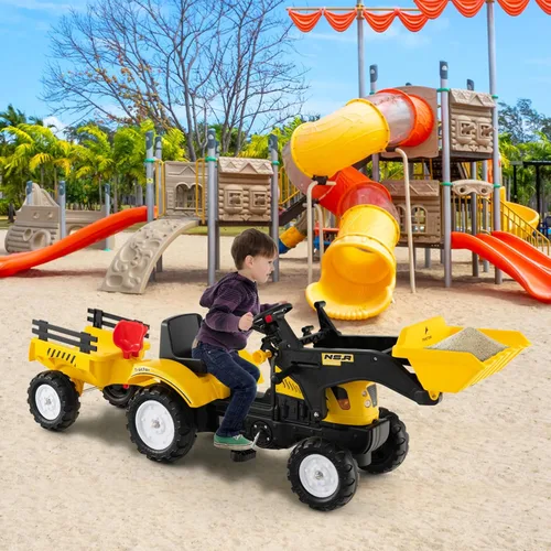 Vista 9 de Olakids Excavadora de Montar para Niños, Carro Excavador de Pedales Bulldozer con Cucharón de Control Manual, Remolque de Carga Desmontable, Pala