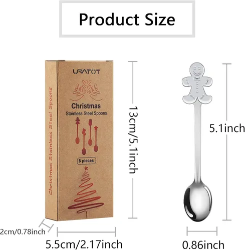 Vista 2 de URATOT 8 cucharas de acero inoxidable para Navidad, café, té, postre, cucharas mezcladoras, rellenos de calcetines de Navidad