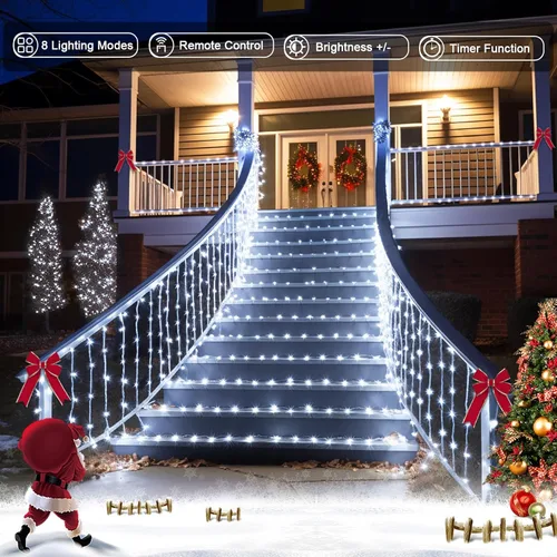 Vista 4 de JMEXSUSS Paquete de 2 luces de cuerda a pilas para exteriores, impermeables, cada una de 33 pies, 100 luces LED blancas de Navidad con control