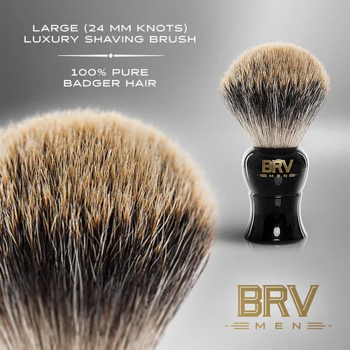 Vista 3 de BRV MEN Pure Badger Brocha de afeitar grande (nudos de 0.945 in) - Mango de resina pesada - Uso con maquinilla de afeitar de seguridad de doble
