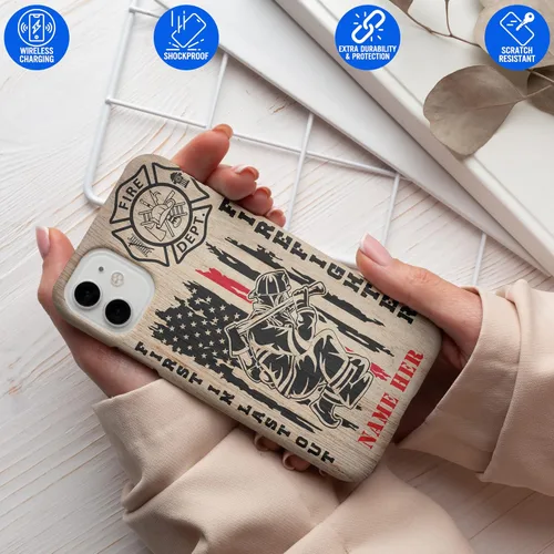 Vista 39 de Funda de teléfono personalizada con bandera estadounidense de madera, diseño de bombero de línea roja, diseño de bombero, regalo personalizado