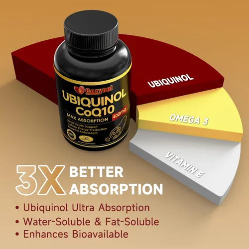 Vista 3 de Ubiquinol CoQ10 400 mg de cápsulas de gel con vitamina E y Omega-3, coenzima Q10 de máxima absorción, poderoso antioxidante, apoya la salud